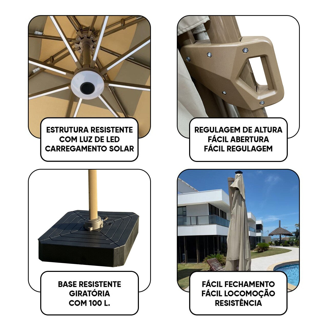 Ombrelone Guarda Sol Gold Led Alumínio 3,0 x 3,0 C/ Base em 100 L